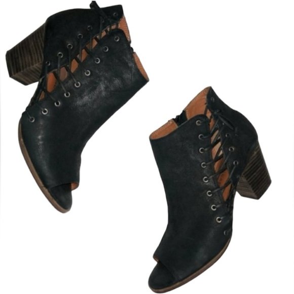 LUCKY Brand Hartlee Open Toe Lace Up Black Bootie EUC sz 10 - Picture 8 of 12